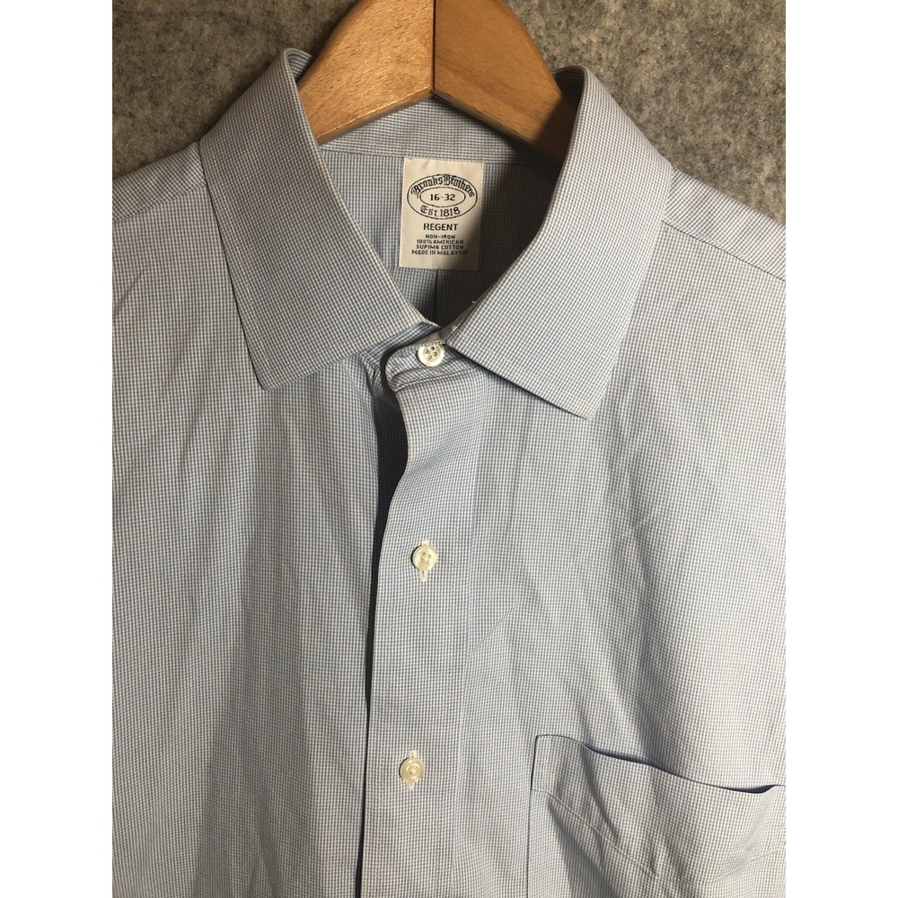 Brooks Brothers Shirt 16-32 Blue Check Supima Regent Non-Iron Career Classic